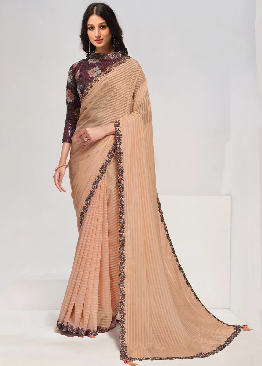 Buff Brown Georgette Saree with Fine Embroidery on Border - House of Sarvati LLC