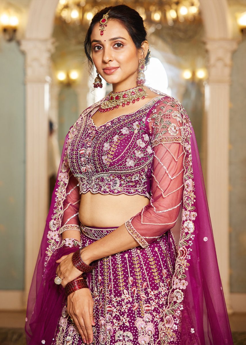 Burdungy Purple Net Lehenga Choli with Coding & Zarkan Work - House of Sarvati LLC