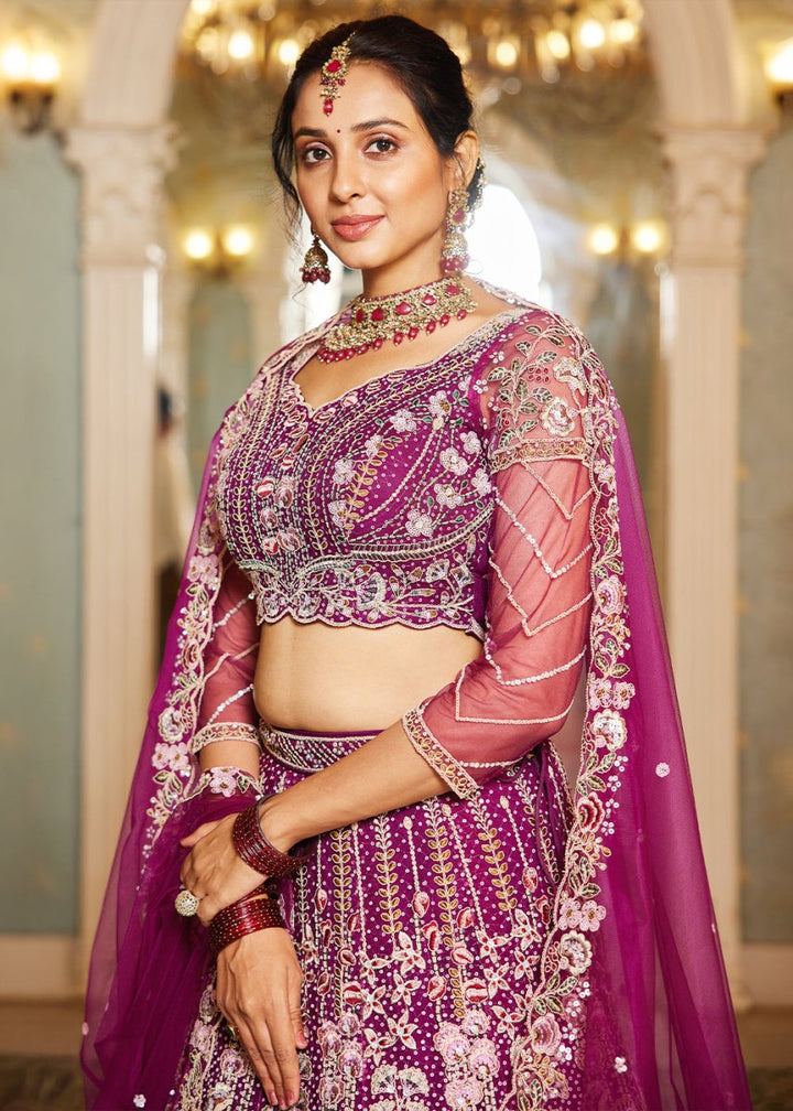 Burdungy Purple Net Lehenga Choli with Coding & Zarkan Work - House of Sarvati LLC