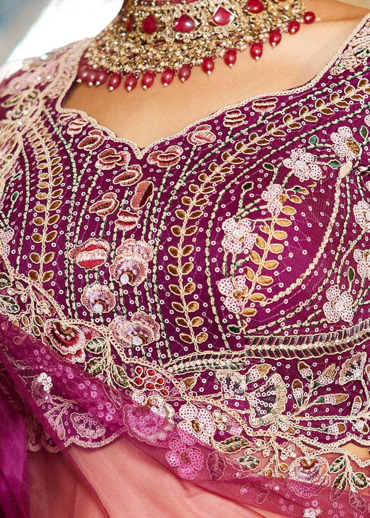 Burdungy Purple Net Lehenga Choli with Coding & Zarkan Work - House of Sarvati LLC