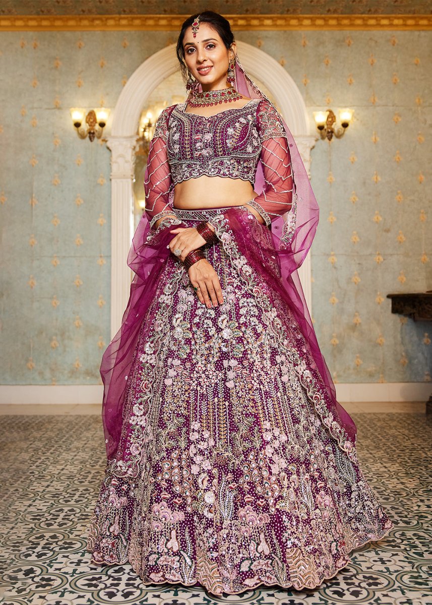Burdungy Purple Net Lehenga Choli with Coding & Zarkan Work - House of Sarvati LLC