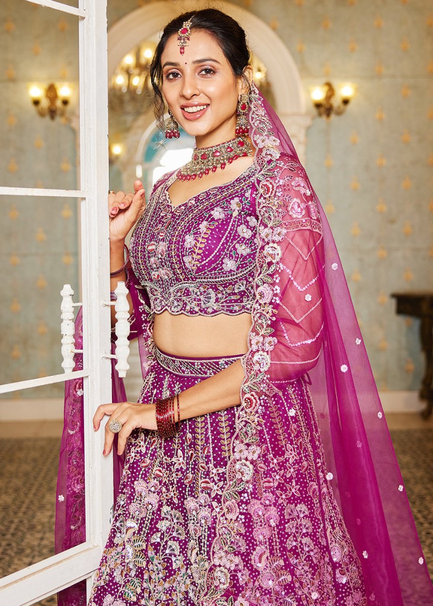 Burdungy Purple Net Lehenga Choli with Coding & Zarkan Work - House of Sarvati LLC