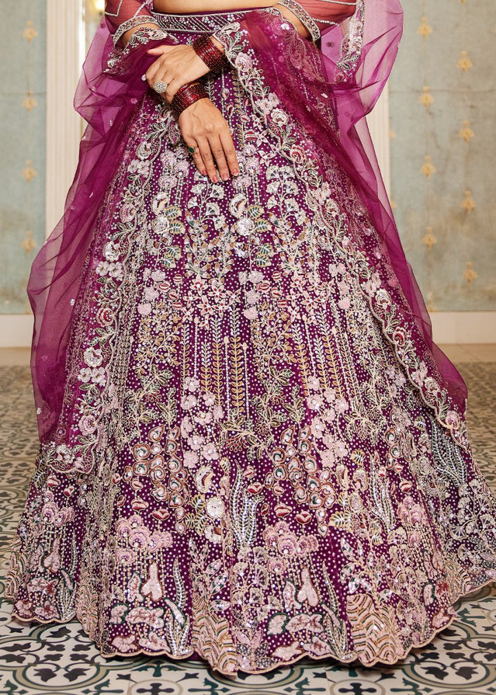 Burdungy Purple Net Lehenga Choli with Coding & Zarkan Work - House of Sarvati LLC