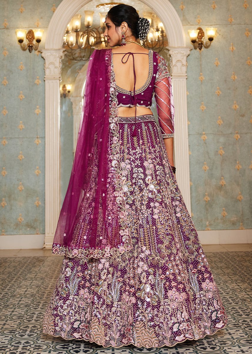 Burdungy Purple Net Lehenga Choli with Coding & Zarkan Work - House of Sarvati LLC