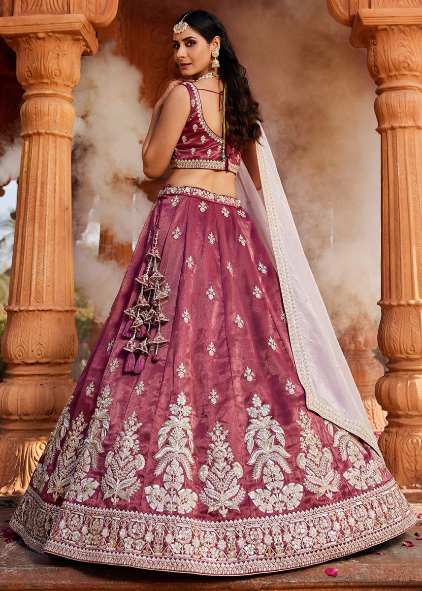 Burgundy Purple Tissue Lehenga Featuring Exquisite Floral & Bead Work - House of Sarvati LLC