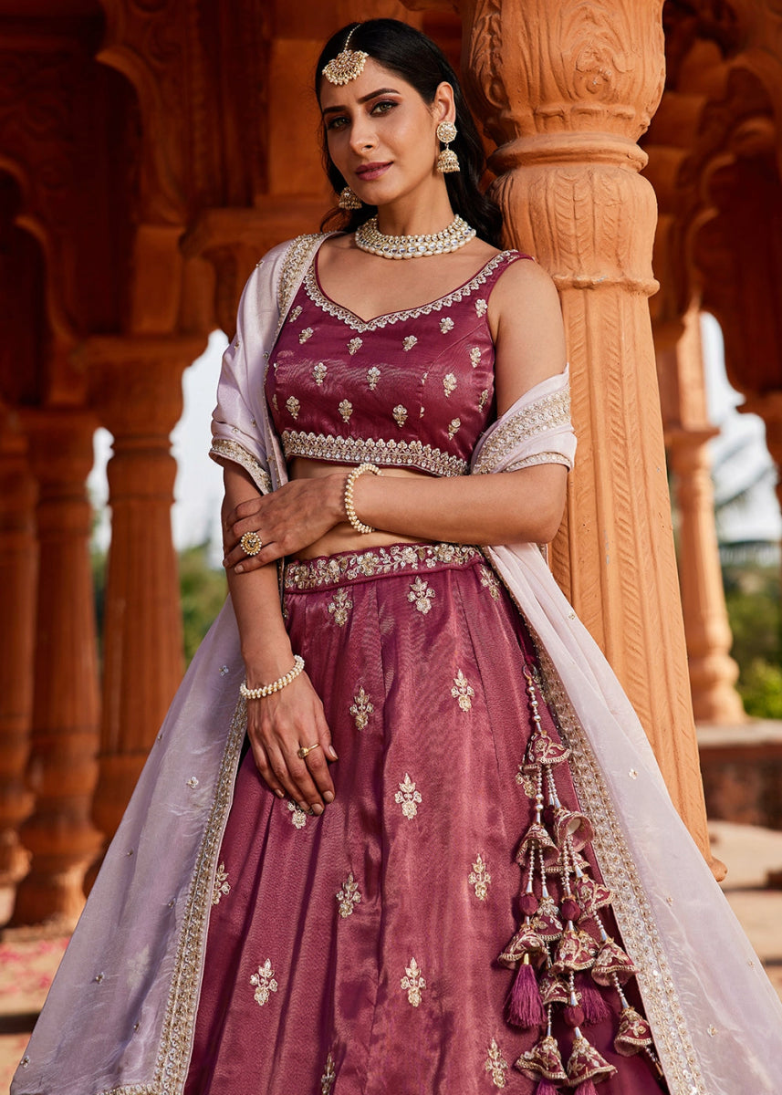 Burgundy Purple Tissue Lehenga Featuring Exquisite Floral & Bead Work - House of Sarvati LLC