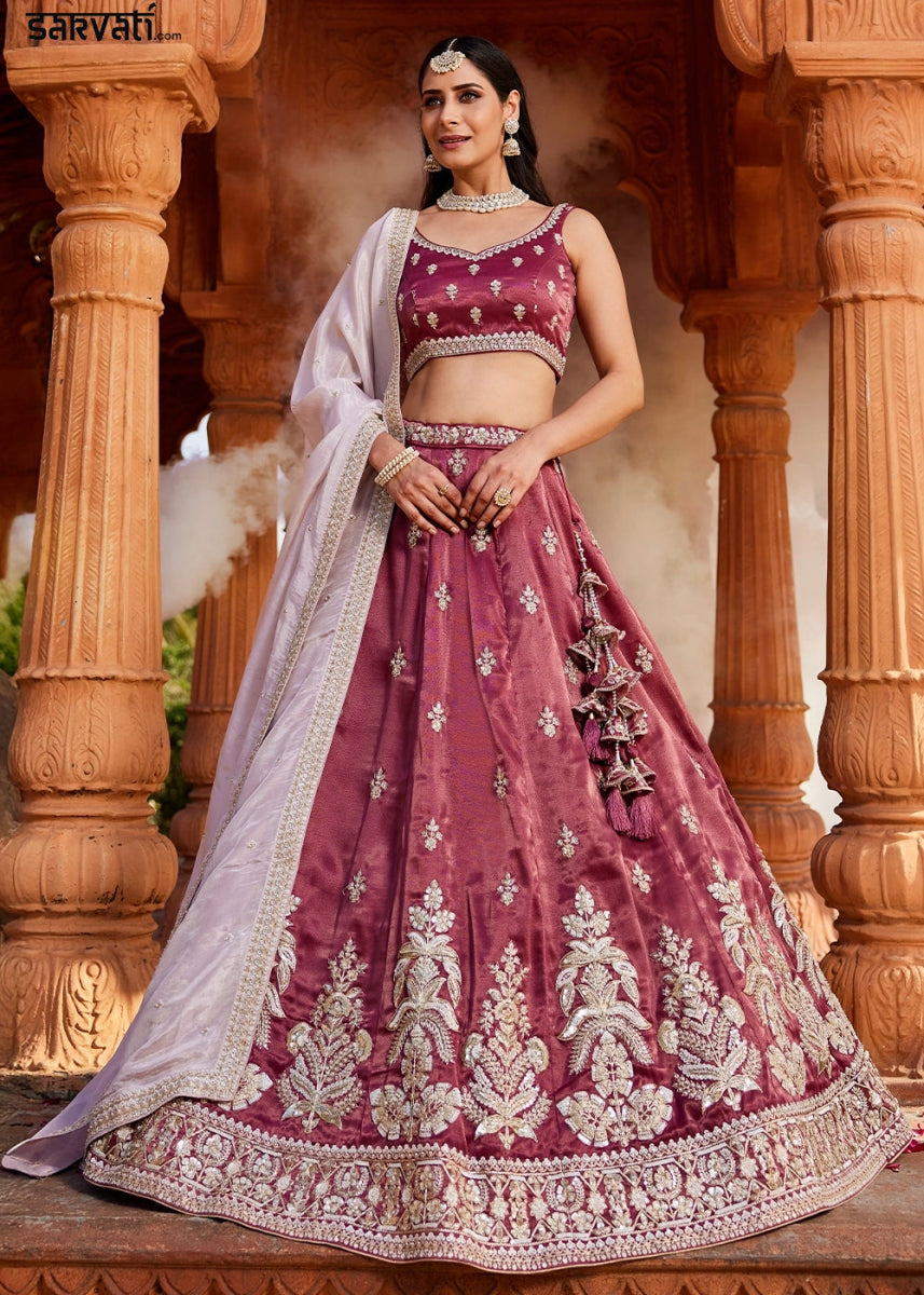 Burgundy Purple Tissue Lehenga Featuring Exquisite Floral & Bead Work - House of Sarvati LLC