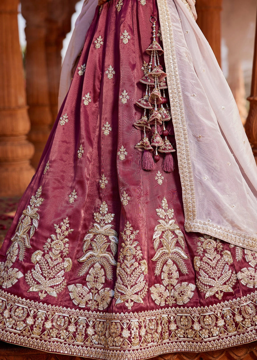 Burgundy Purple Tissue Lehenga Featuring Exquisite Floral & Bead Work - House of Sarvati LLC