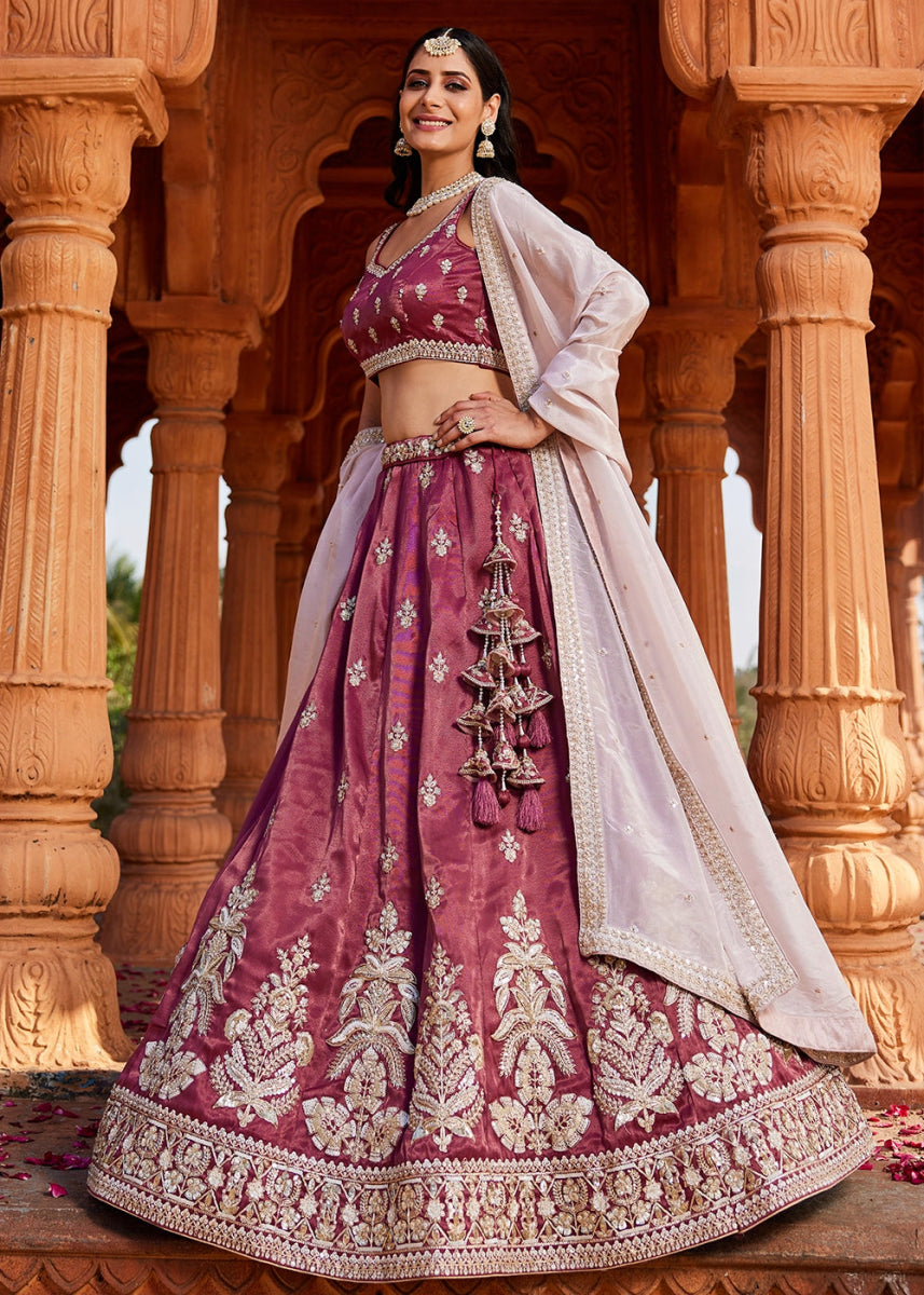 Burgundy Purple Tissue Lehenga Featuring Exquisite Floral & Bead Work - House of Sarvati LLC
