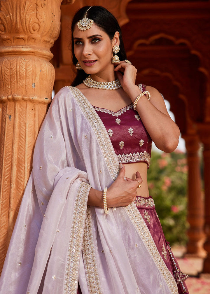 Burgundy Purple Tissue Lehenga Featuring Exquisite Floral & Bead Work - House of Sarvati LLC