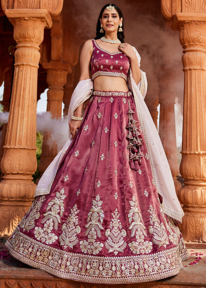 Burgundy Purple Tissue Lehenga Featuring Exquisite Floral & Bead Work - House of Sarvati LLC