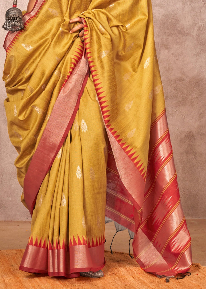 Butter Yellow Bhagalpuri Silk Saree with Handcrafted Gadwal Border - House of Sarvati LLC