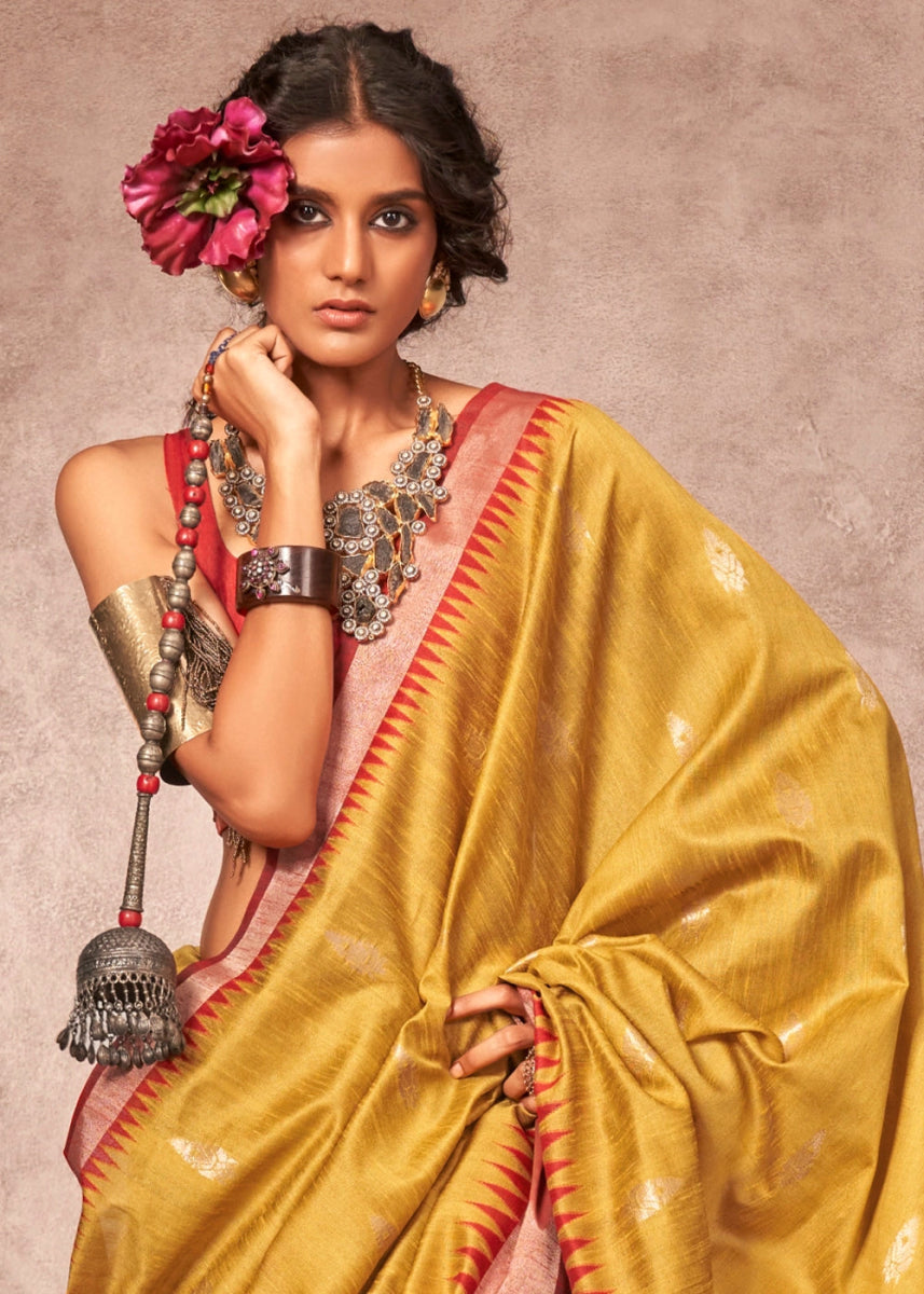 Butter Yellow Bhagalpuri Silk Saree with Handcrafted Gadwal Border - House of Sarvati LLC