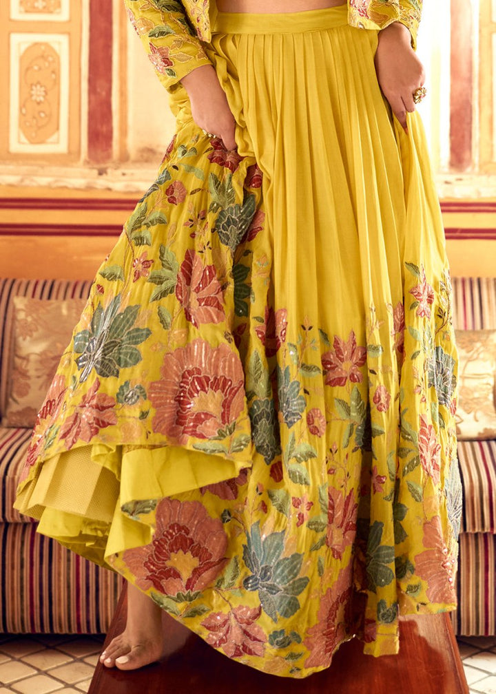 Butter Yellow Chinon Silk Top & Skirt Set with Elegant Embroidered Jacket - House of Sarvati LLC