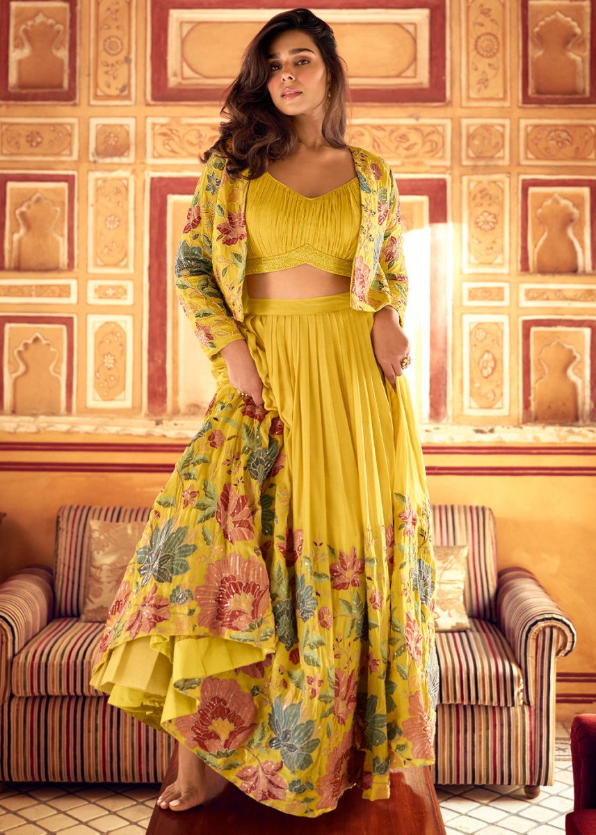 Butter Yellow Chinon Silk Top & Skirt Set with Elegant Embroidered Jacket - House of Sarvati LLC