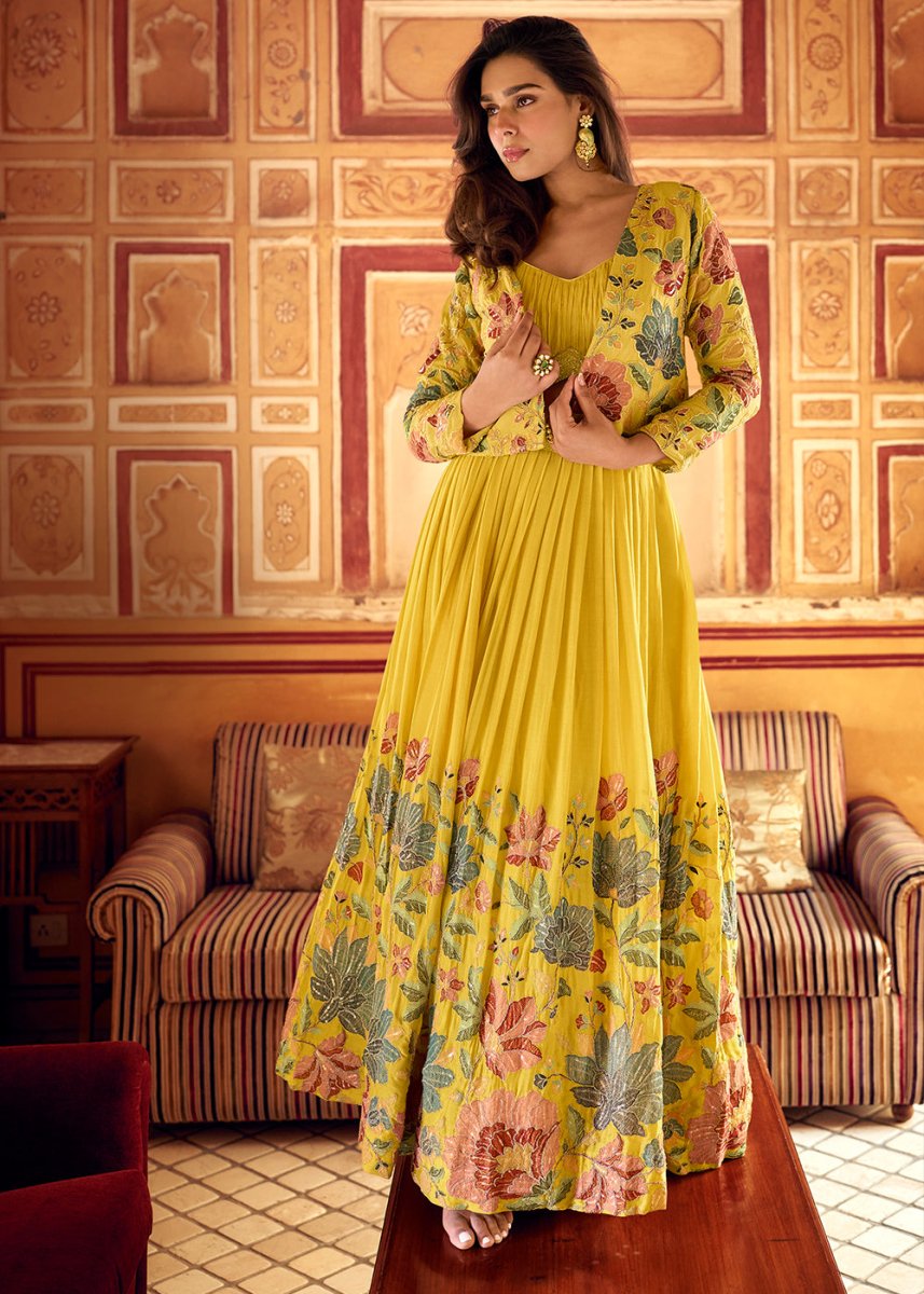 Butter Yellow Chinon Silk Top & Skirt Set with Elegant Embroidered Jacket - House of Sarvati LLC