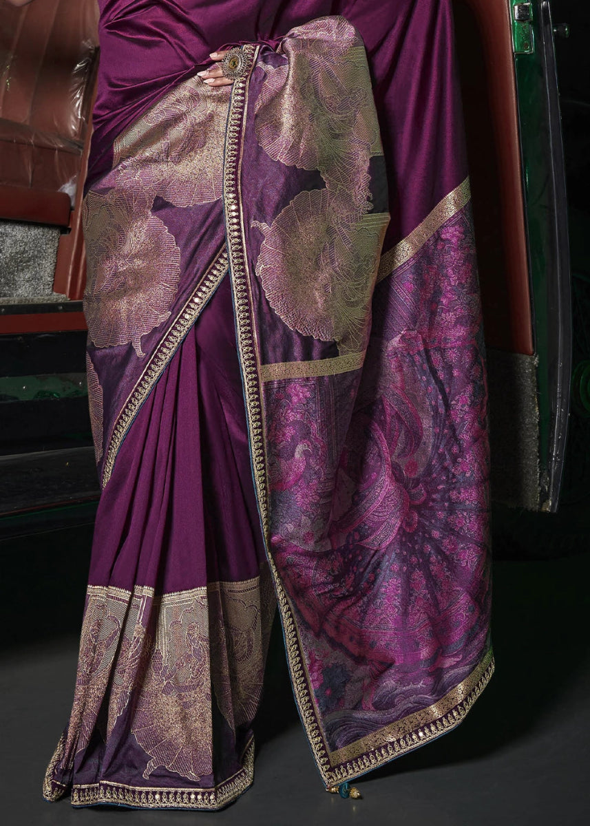 Byzantine Purple Banarasi Silk Saree with Artistic Woven Pallu & Embellished Blouse - House of Sarvati LLC