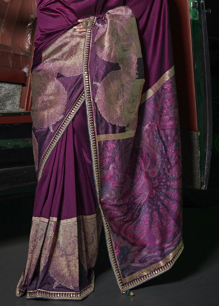 Byzantine Purple Banarasi Silk Saree with Artistic Woven Pallu & Embellished Blouse - House of Sarvati LLC