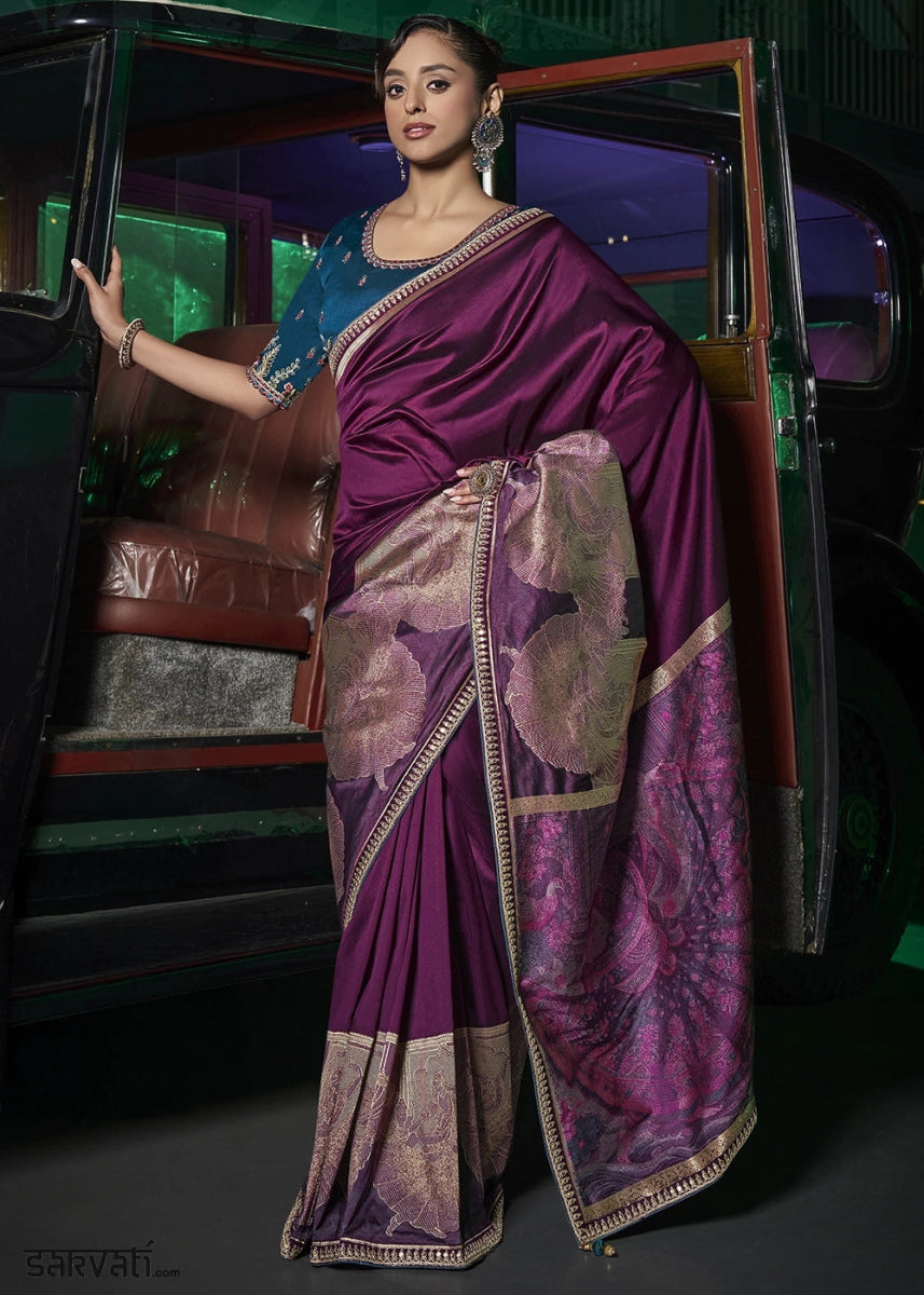Byzantine Purple Banarasi Silk Saree with Artistic Woven Pallu & Embellished Blouse - House of Sarvati LLC