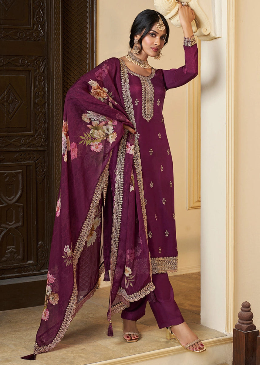 Byzantine Purple Munga Silk Suit with Shimmering Sequin Embellishments - House of Sarvati LLC