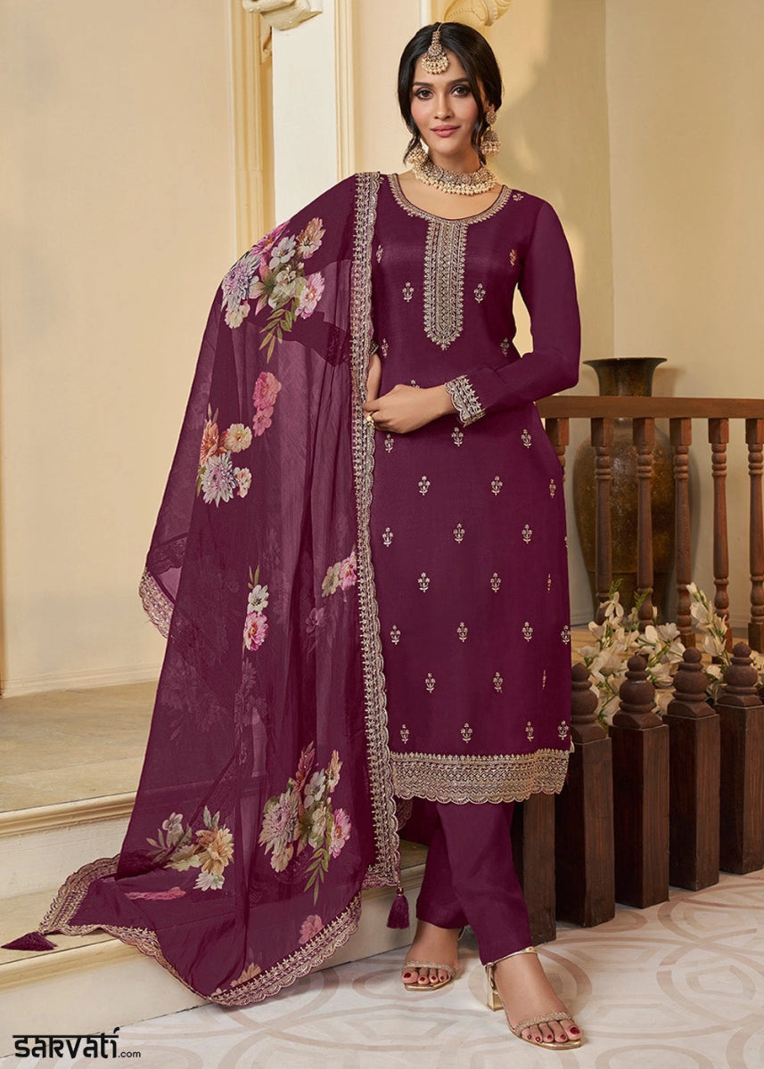 Byzantine Purple Munga Silk Suit with Shimmering Sequin Embellishments - House of Sarvati LLC