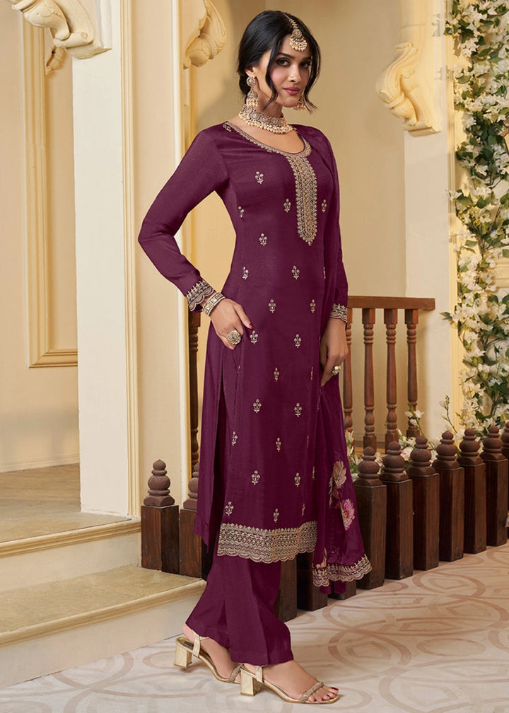 Byzantine Purple Munga Silk Suit with Shimmering Sequin Embellishments - House of Sarvati LLC