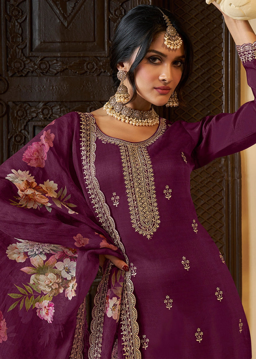 Byzantine Purple Munga Silk Suit with Shimmering Sequin Embellishments - House of Sarvati LLC