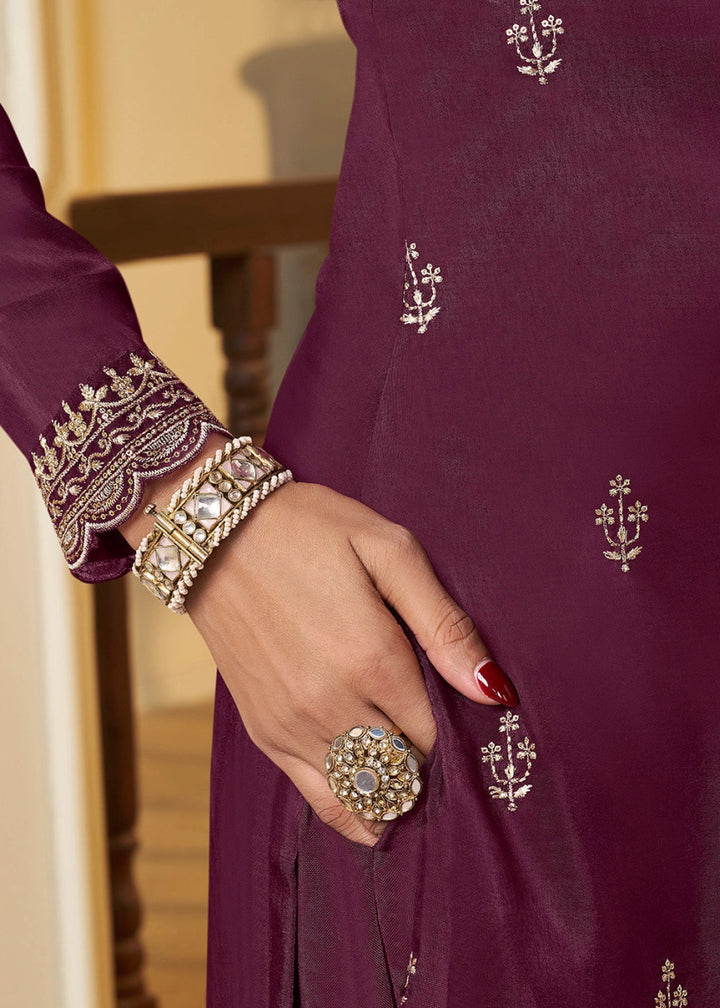 Byzantine Purple Munga Silk Suit with Shimmering Sequin Embellishments - House of Sarvati LLC