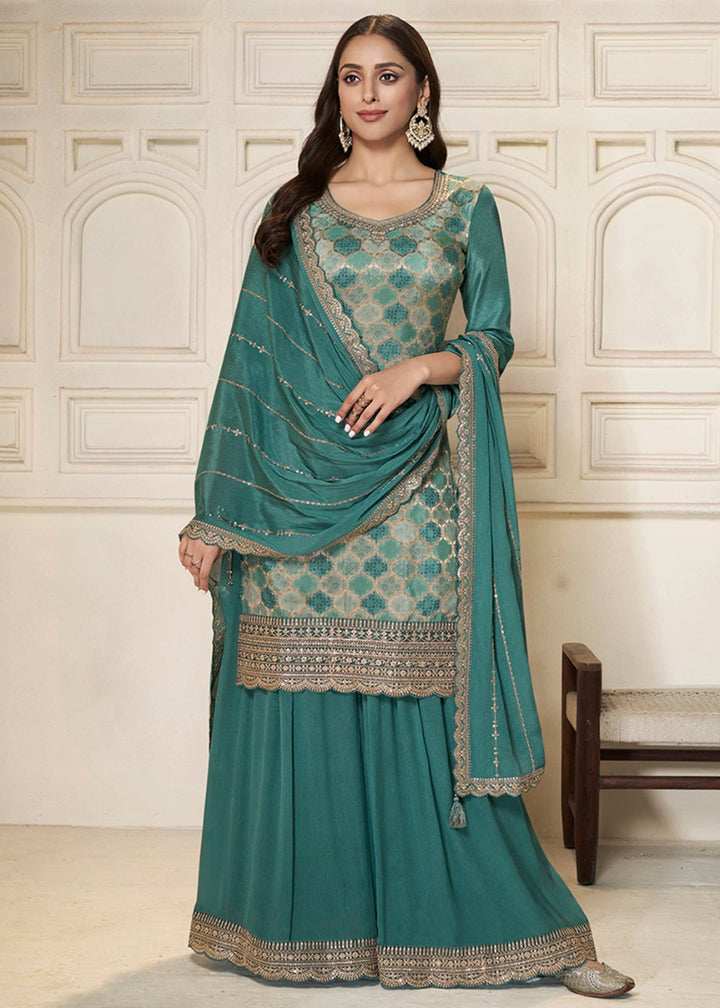 Cactus Green Dola Silk Sharara Suit with Intricate Jacquard Detailing - House of Sarvati LLC