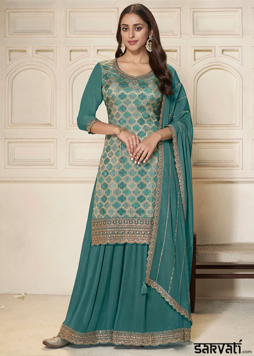 Cactus Green Dola Silk Sharara Suit with Intricate Jacquard Detailing - House of Sarvati LLC