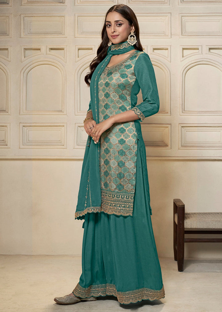 Cactus Green Dola Silk Sharara Suit with Intricate Jacquard Detailing - House of Sarvati LLC