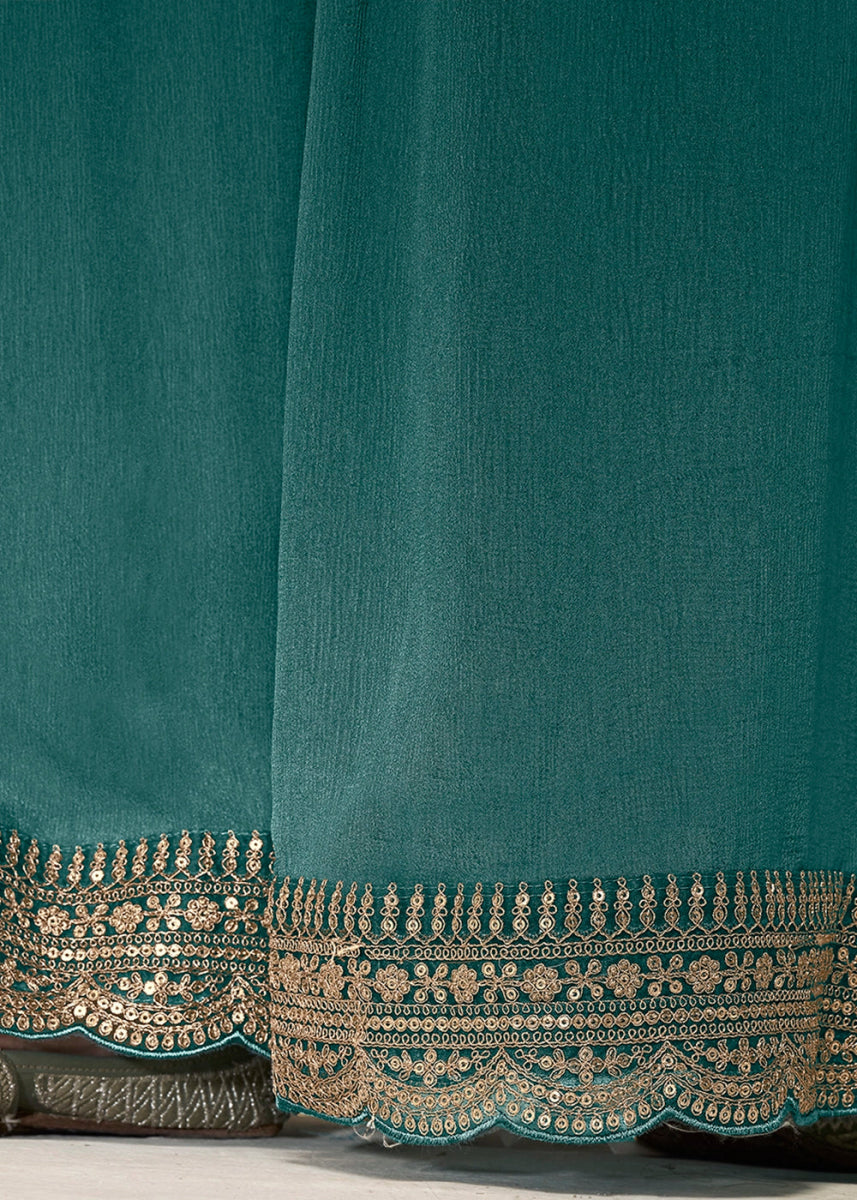 Cactus Green Dola Silk Sharara Suit with Intricate Jacquard Detailing - House of Sarvati LLC