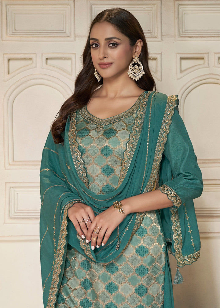 Cactus Green Dola Silk Sharara Suit with Intricate Jacquard Detailing - House of Sarvati LLC