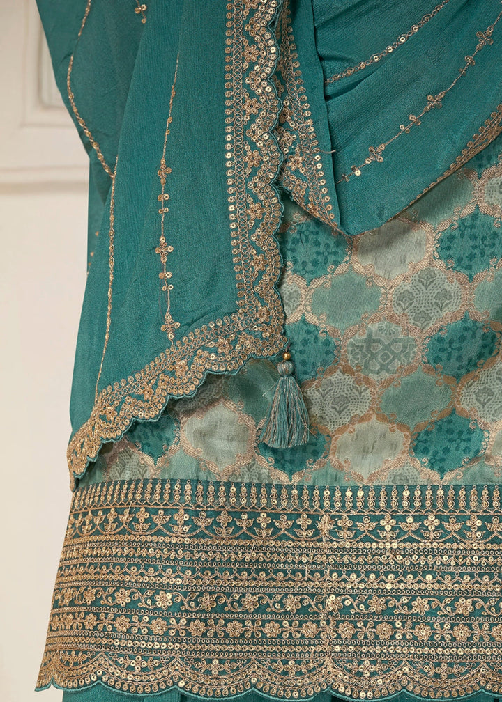 Cactus Green Dola Silk Sharara Suit with Intricate Jacquard Detailing - House of Sarvati LLC