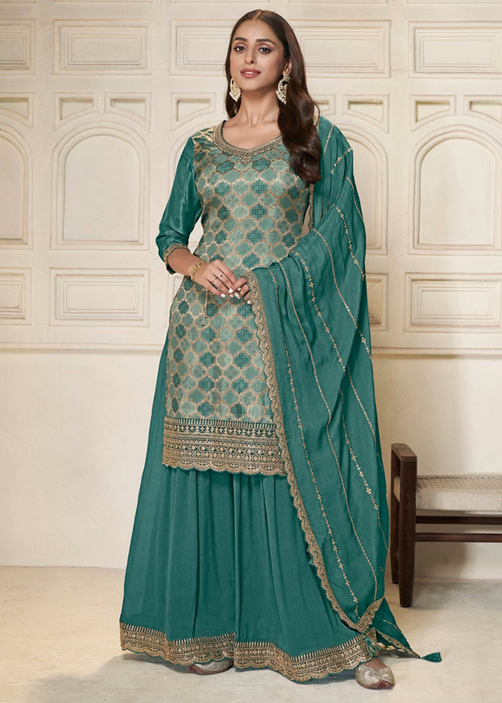 Cactus Green Dola Silk Sharara Suit with Intricate Jacquard Detailing - House of Sarvati LLC