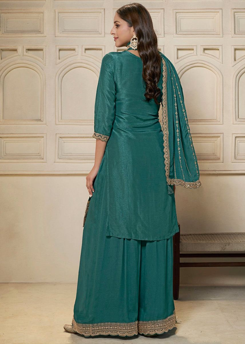 Cactus Green Dola Silk Sharara Suit with Intricate Jacquard Detailing - House of Sarvati LLC