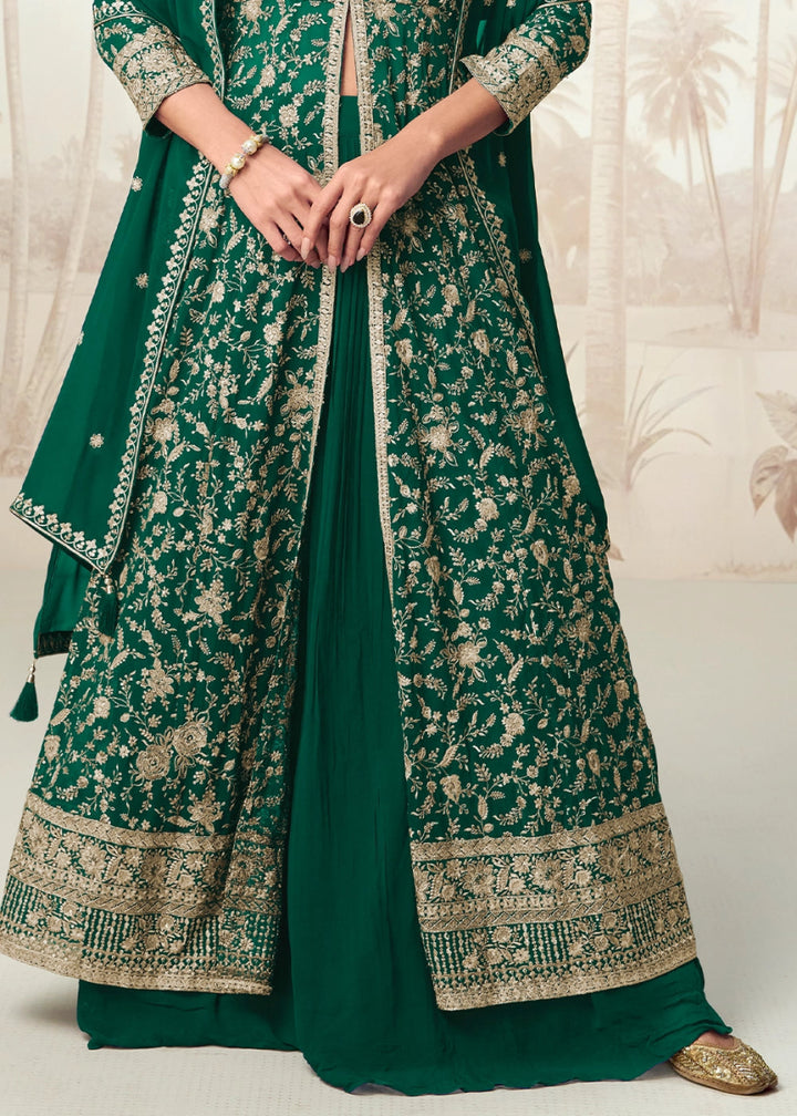 Cadmium Green Skirt Top Ensemble with Embroidered Georgette Jacket - House of Sarvati LLC