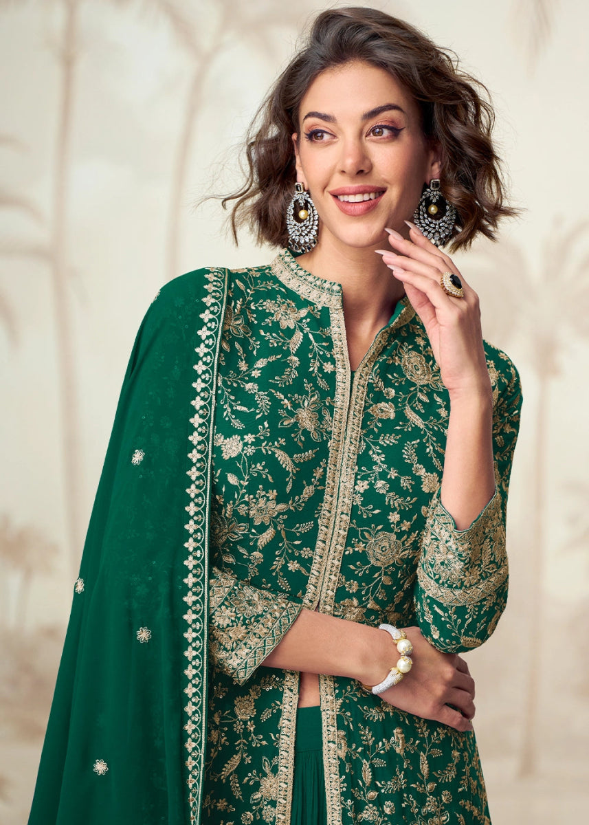 Cadmium Green Skirt Top Ensemble with Embroidered Georgette Jacket - House of Sarvati LLC