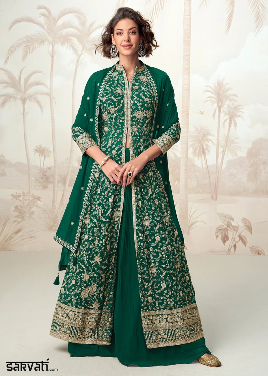 Cadmium Green Skirt Top Ensemble with Embroidered Georgette Jacket - House of Sarvati LLC