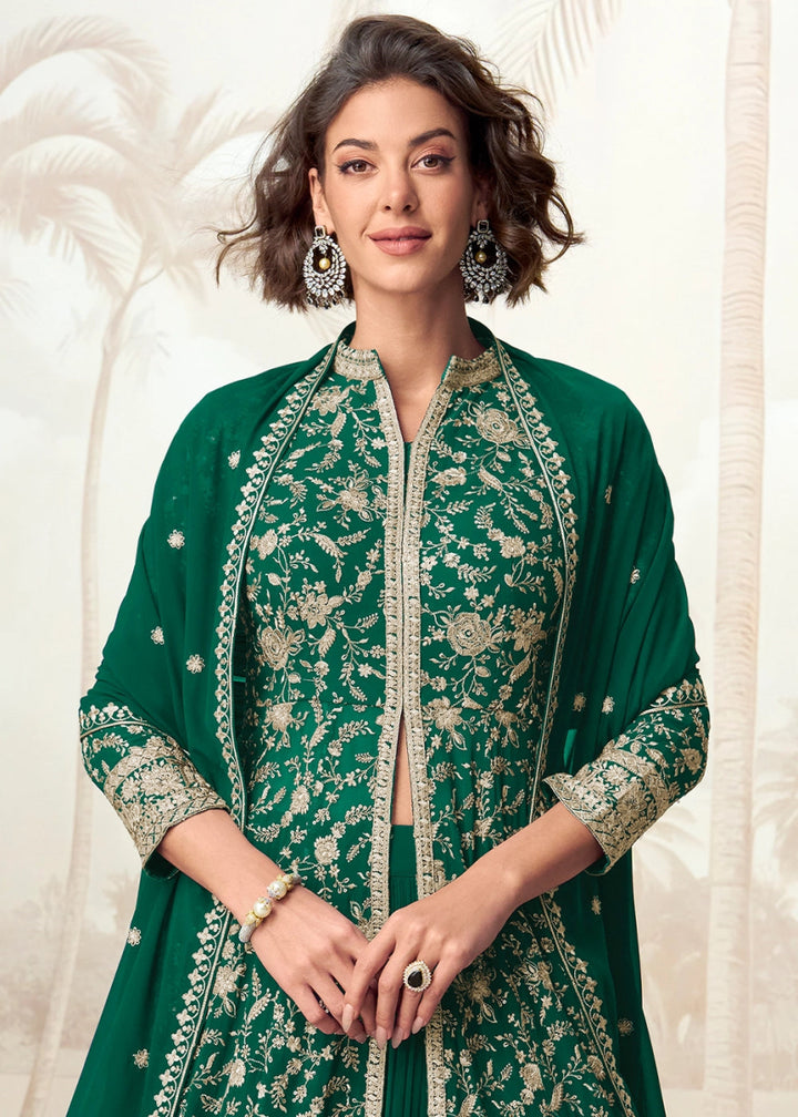 Cadmium Green Skirt Top Ensemble with Embroidered Georgette Jacket - House of Sarvati LLC