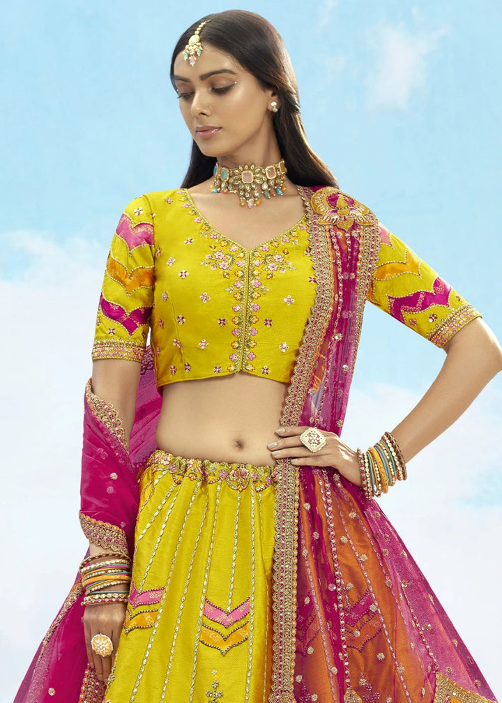 Cadmium Yellow Banarasi Silk Lehenga Choli with Intricate Embroidery and Cut Work - House of Sarvati LLC