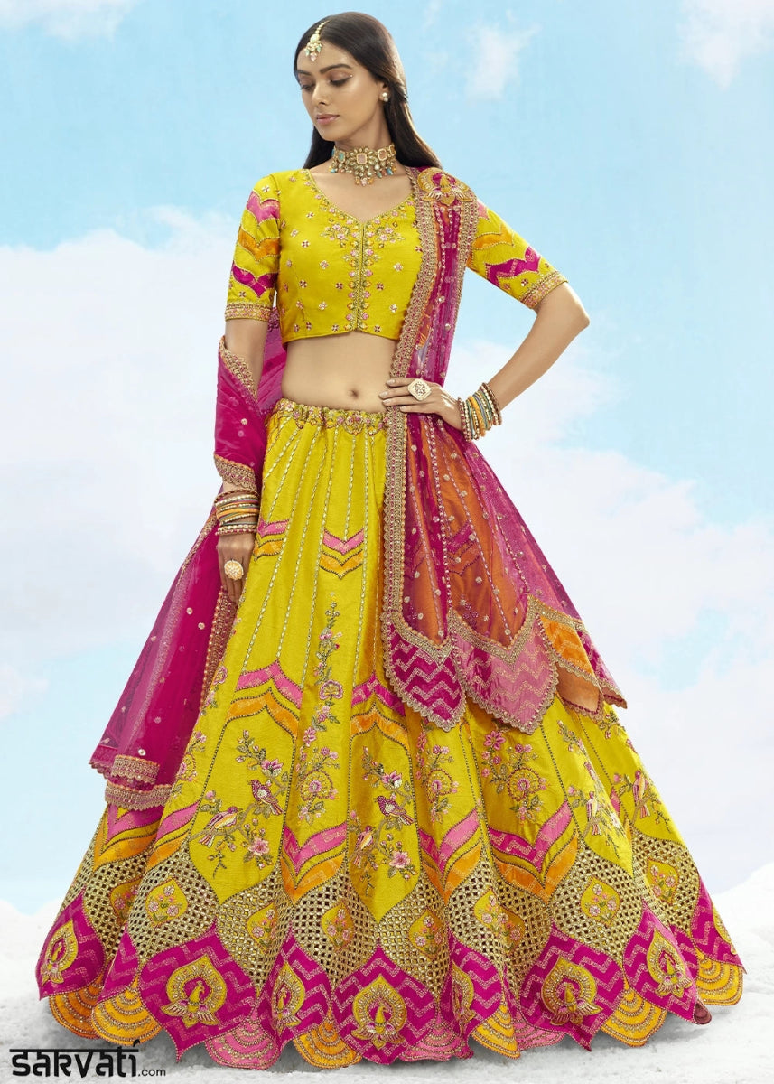Cadmium Yellow Banarasi Silk Lehenga Choli with Intricate Embroidery and Cut Work - House of Sarvati LLC