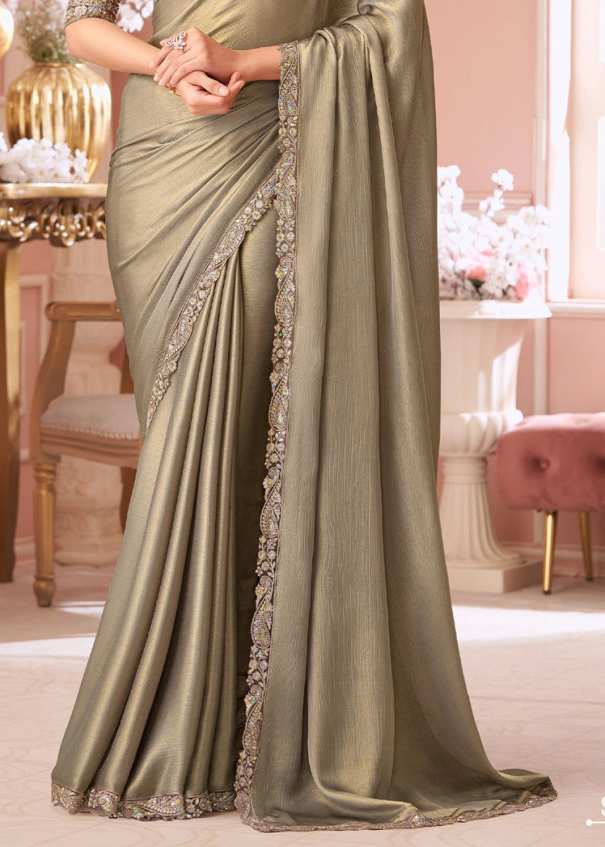 Camel Brown Embellished Chiffon Saree with Designer Blouse - House of Sarvati LLC