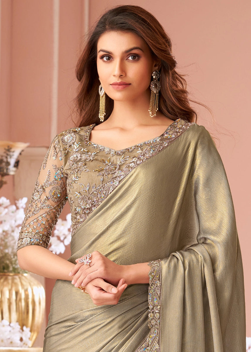 Camel Brown Embellished Chiffon Saree with Designer Blouse - House of Sarvati LLC