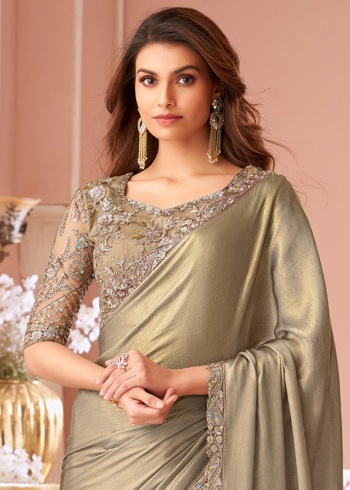 Camel Brown Embellished Chiffon Saree with Designer Blouse - House of Sarvati LLC