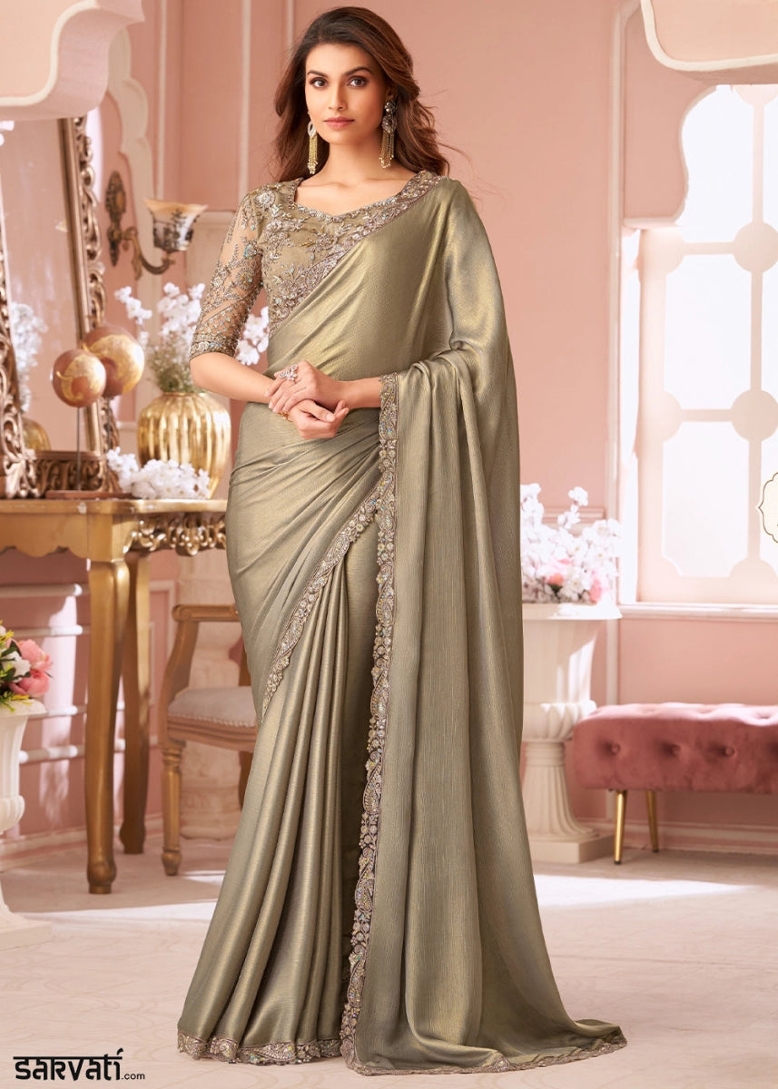 Camel Brown Embellished Chiffon Saree with Designer Blouse - House of Sarvati LLC