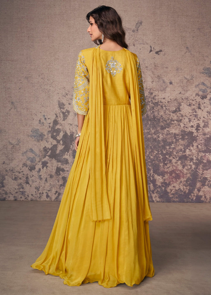 Canary Yellow Anarkali Gown in Chinon Silk with Embellishments - House of Sarvati LLC