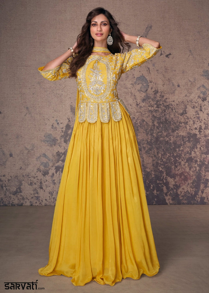 Canary Yellow Anarkali Gown in Chinon Silk with Embellishments - House of Sarvati LLC