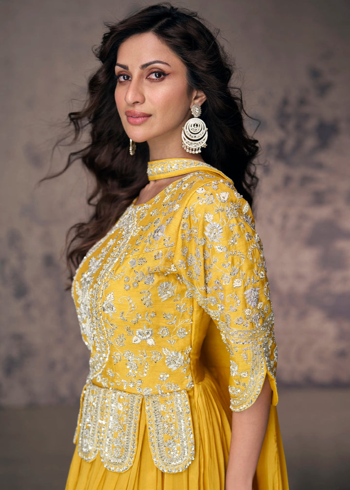 Canary Yellow Anarkali Gown in Chinon Silk with Embellishments - House of Sarvati LLC