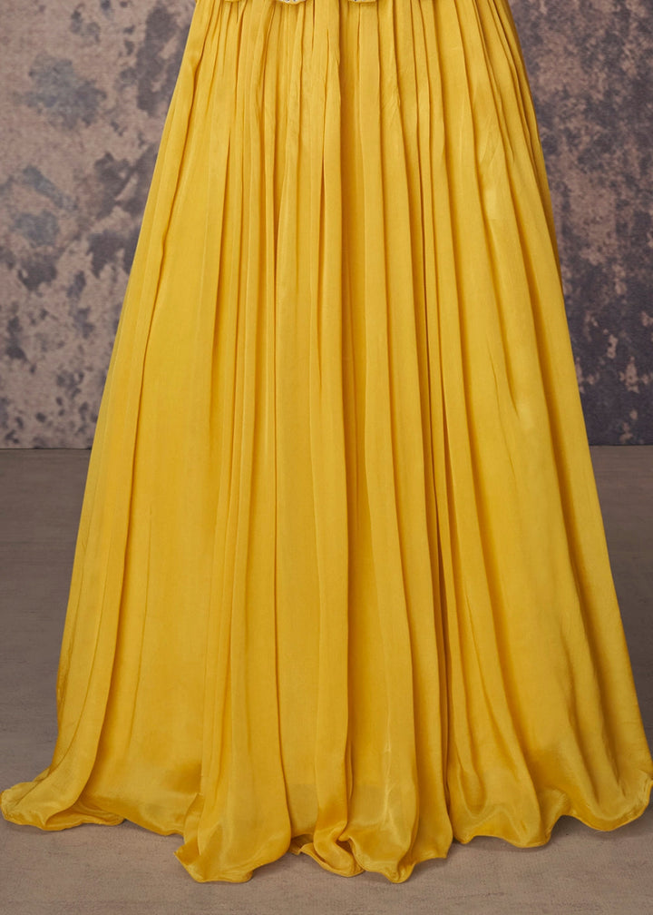 Canary Yellow Anarkali Gown in Chinon Silk with Embellishments - House of Sarvati LLC